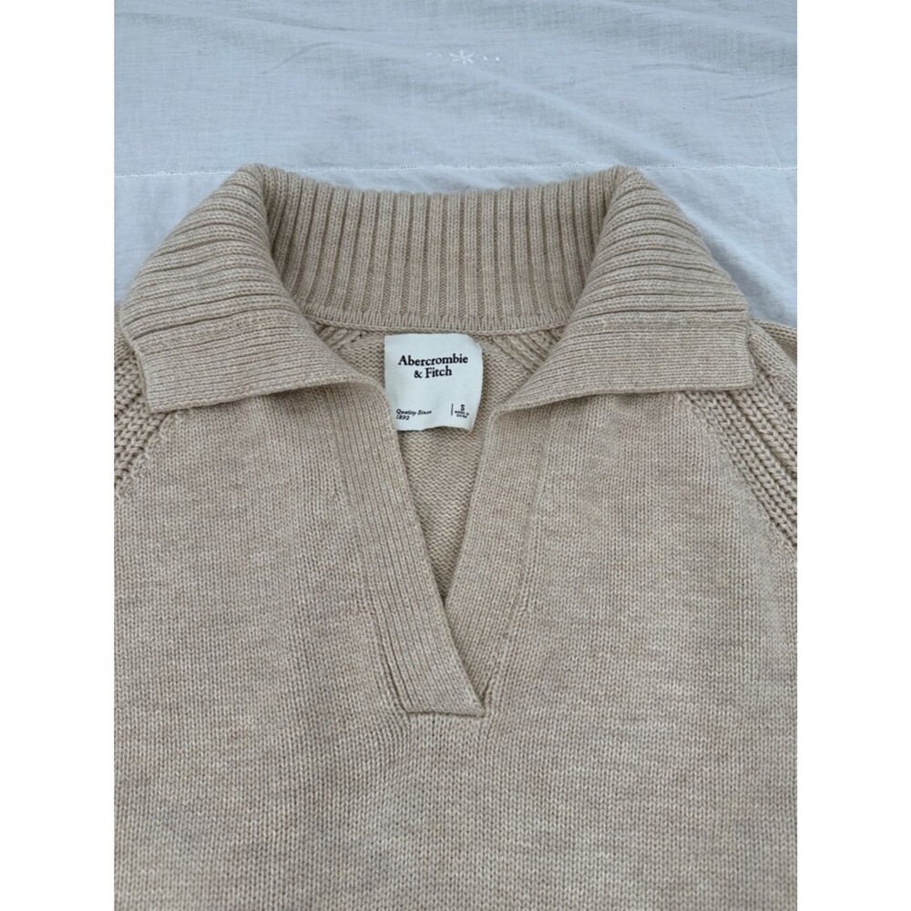Abercrombie & Fitch Sweater Wm Small Notch Neck Tan Knit Collar Pullover Chunky - Picture 3 of 7